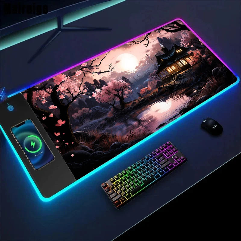 Wireless Charging Sakura Game Mouse Pad – XXL Anti-Slip Desk Mat with Wireless Charging Feature