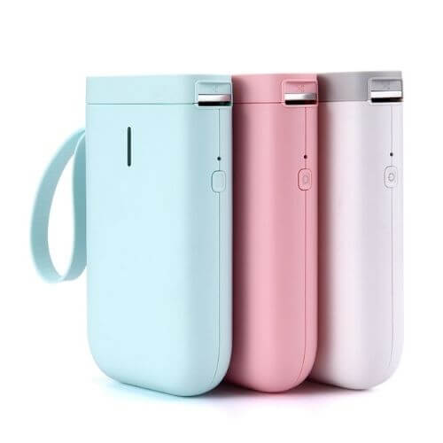 Portable label printer in mint green, pink, and white, ideal for on-the-go labeling.