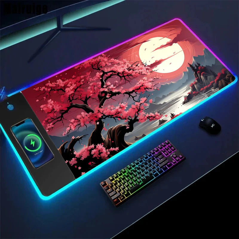 Wireless Charging Sakura Game Mouse Pad – XXL Anti-Slip Desk Mat with Wireless Charging Feature