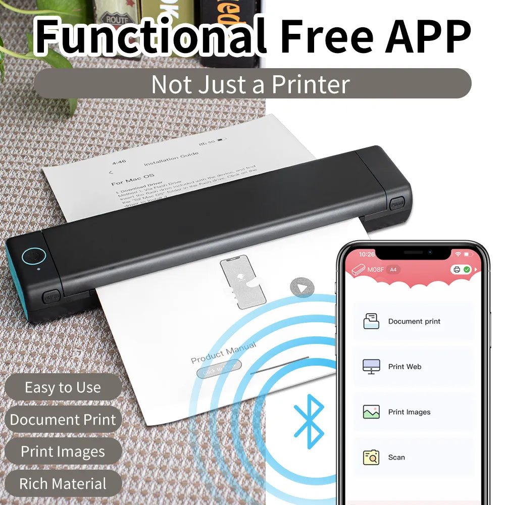 M08F A4 Paper Portable Thermal Printer – Inkless, Wireless, Bluetooth, Compact & Eco-Friendly