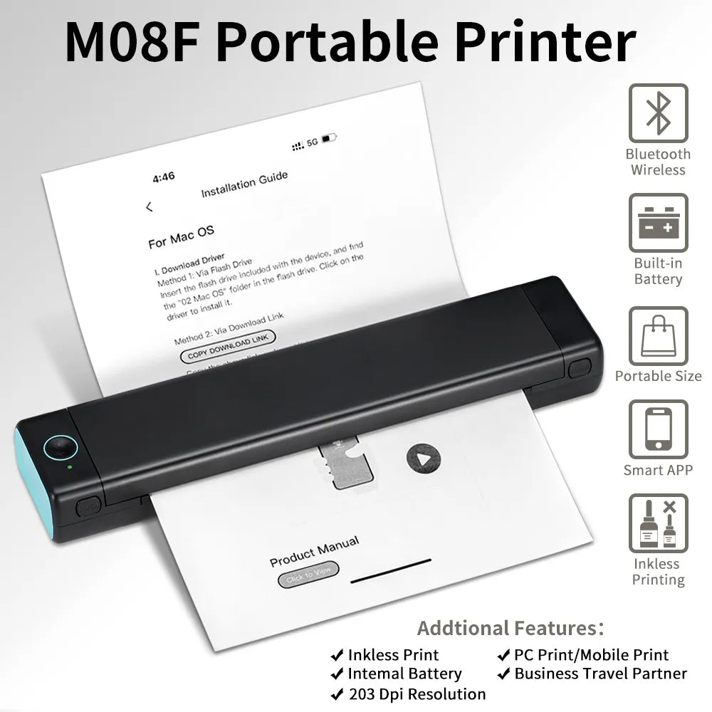 M08F A4 Paper Portable Thermal Printer – Inkless, Wireless, Bluetooth, Compact & Eco-Friendly