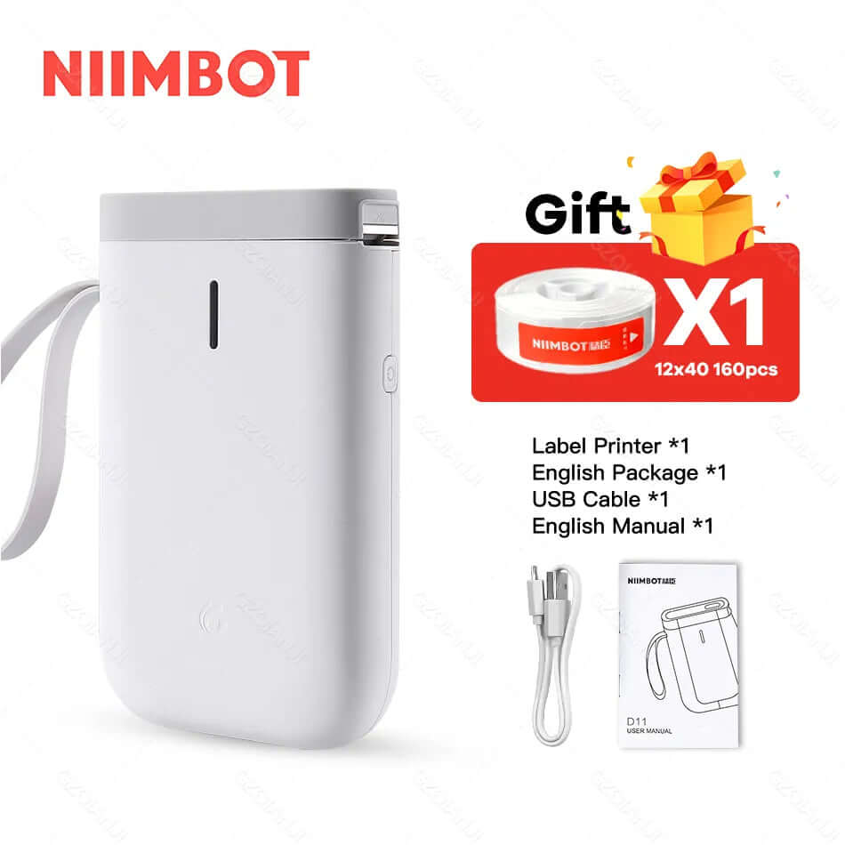 NIIMBOT portable label printer with USB cable, English manual, and packaging. Ideal for quick, wireless label making.