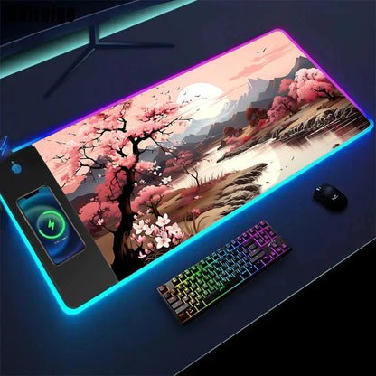 Wireless Charging Sakura Game Mouse Pad – XXL Anti-Slip Desk Mat with Wireless Charging Feature