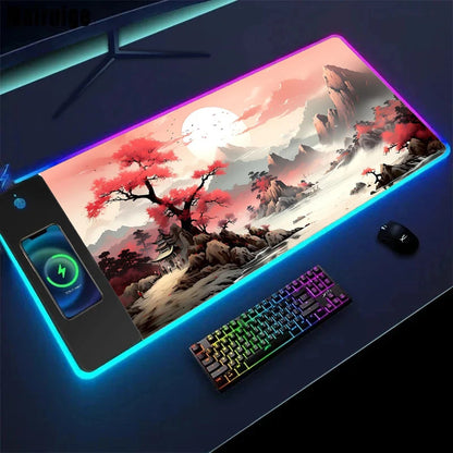 Wireless Charging Sakura Game Mouse Pad – XXL Anti-Slip Desk Mat with Wireless Charging Feature