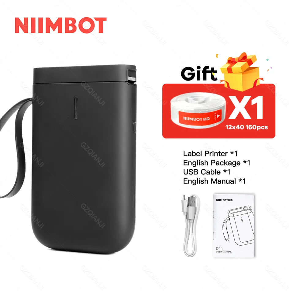 NIIMBOT portable label printer with USB cable and English manual in a compact design, perfect for on-the-go labeling.