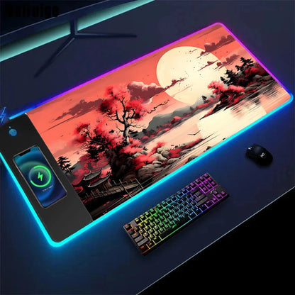 Wireless Charging Sakura Game Mouse Pad – XXL Anti-Slip Desk Mat with Wireless Charging Feature