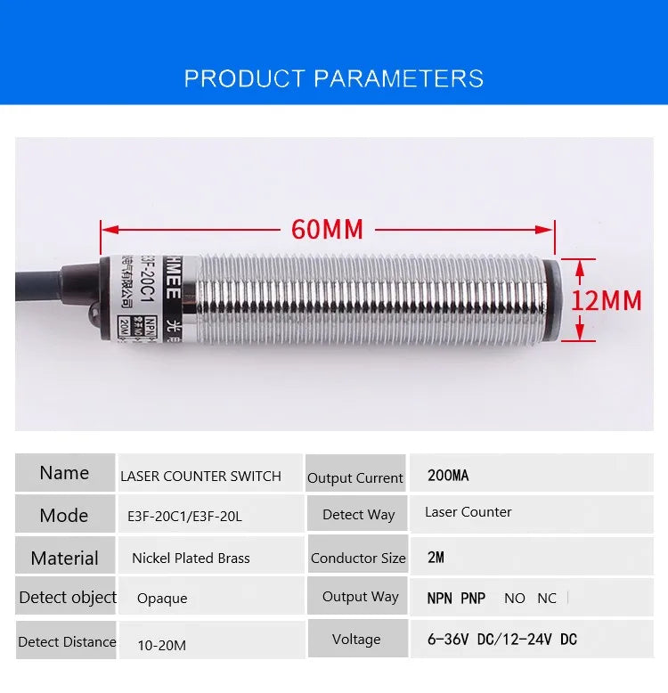 M12 Laser Sensor Photoelectric Switch E3F-20C1/20L, 20m Detection Range