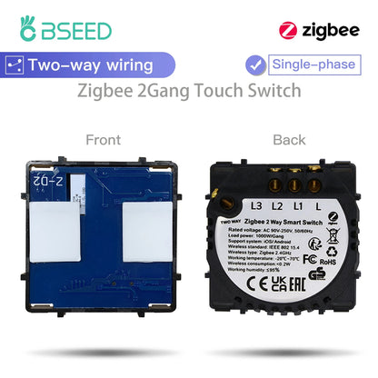 BSEED Zigbee Smart Switch 1/2/3-Gang Touch Light Switch, 2-Way Function, Smart Home Tuya Alexa Control, No Glass Panel