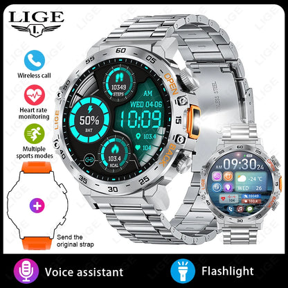 LIGE 2024 Smart Watch for Men – 360° AMOLED HD Screen, Waterproof Fitness Tracker with Flashlight