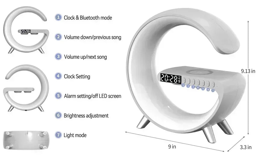 Wireless Charging Station with Bluetooth Speaker, LED RGB Night Light & Alarm Clock