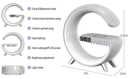 Wireless Charging Station with Bluetooth Speaker, LED RGB Night Light & Alarm Clock