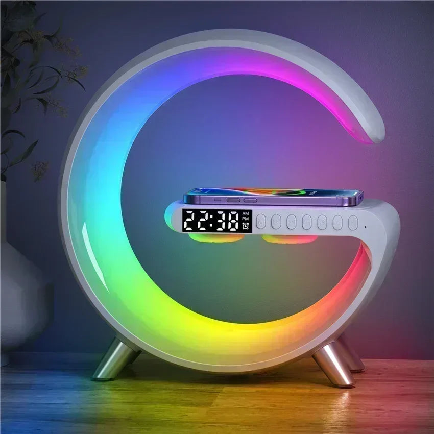 Wireless Charging Station with Bluetooth Speaker, LED RGB Night Light & Alarm Clock