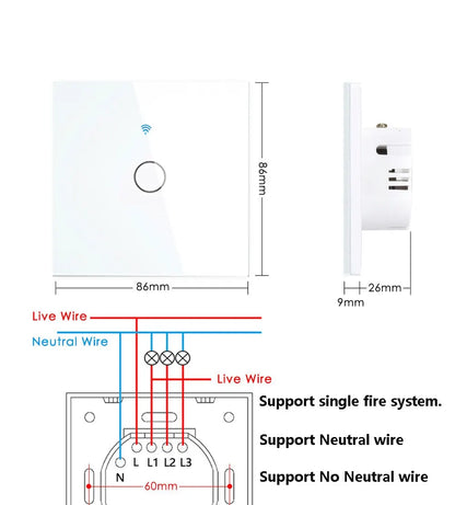 WiFi Smart Switch EU Light Wall Touch Switch 220V No Neutral Wire Required, Works with Alexa & Google Home