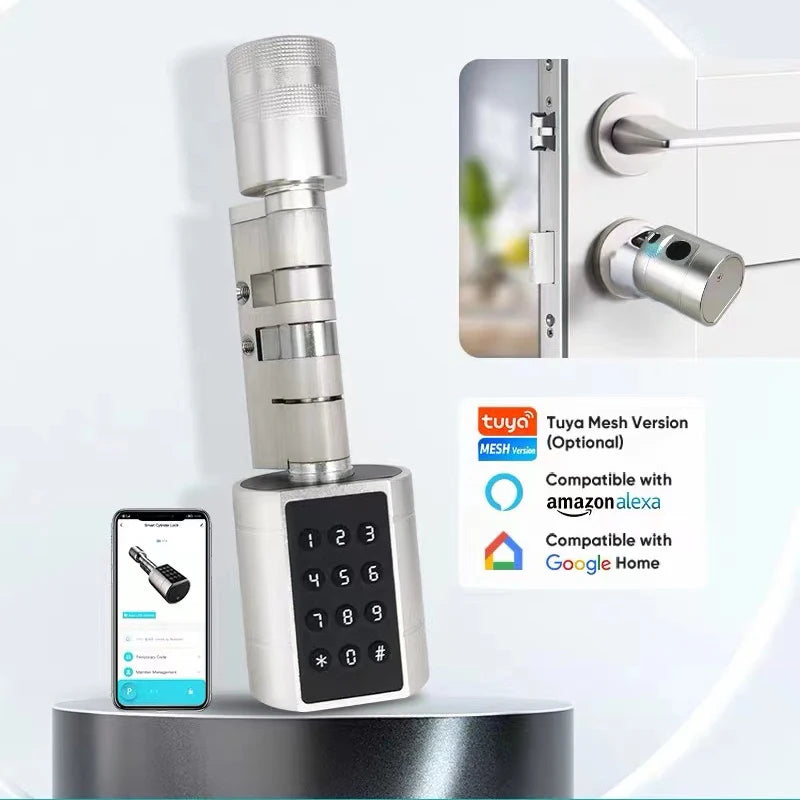 Tuya Fingerprint Cylinder Electronic Smart Door Lock with Digital Keypad, Code, and Key Card