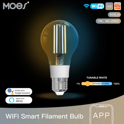 MOES WiFi Smart Filament Bulb LED Light Lamp (E27, Dimmable, 2700K-6500K) – Tuya, Alexa, Google Voice Control