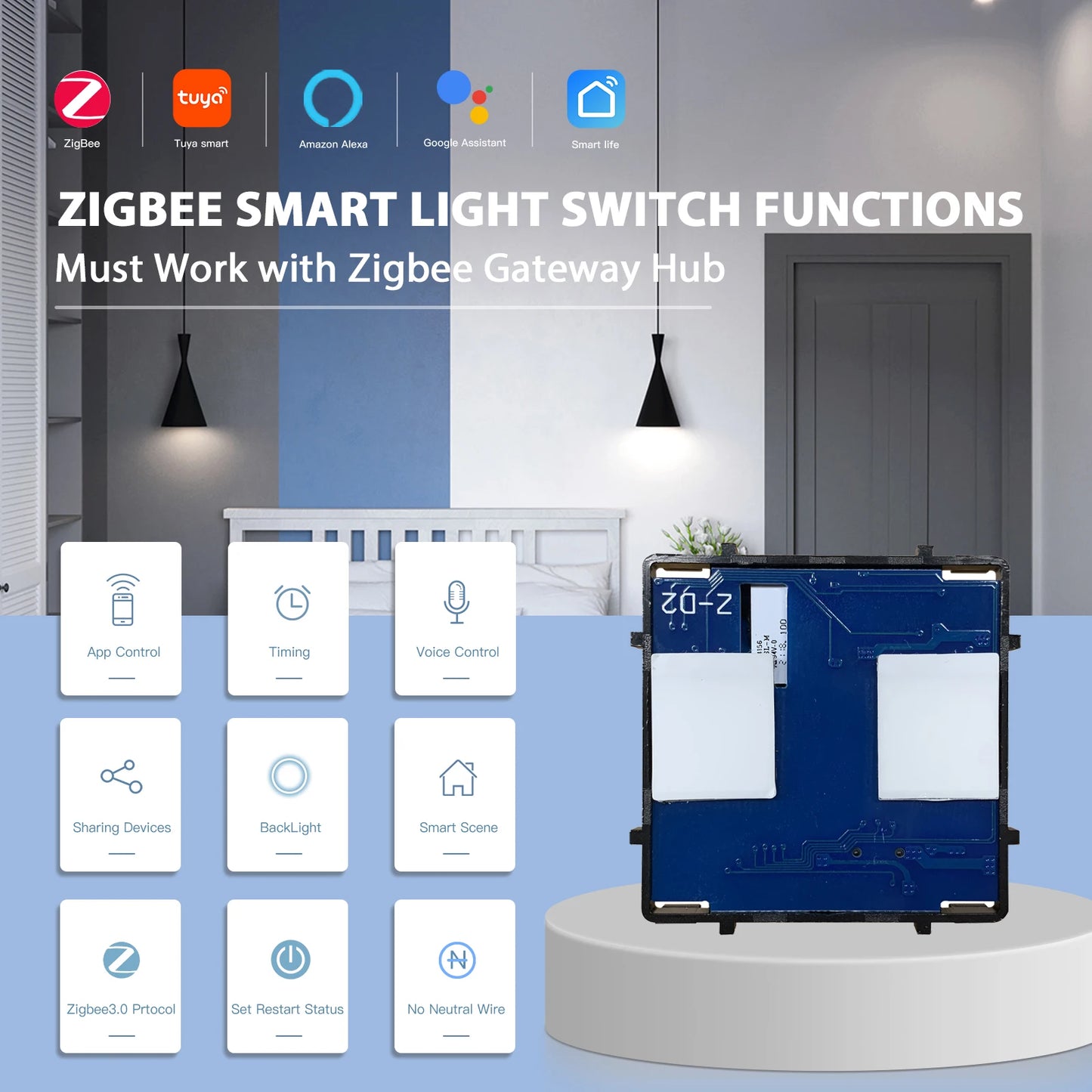 BSEED Zigbee Smart Switch 1/2/3-Gang Touch Light Switch, 2-Way Function, Smart Home Tuya Alexa Control, No Glass Panel