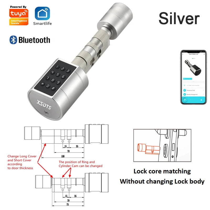 Tuya Fingerprint Cylinder Electronic Smart Door Lock with Digital Keypad, Code, and Key Card