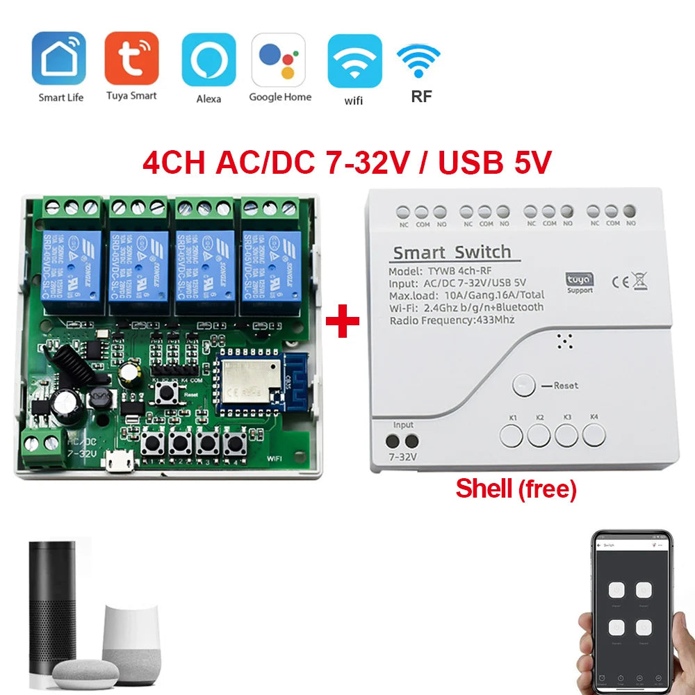 Tuya WiFi AC DC 7-32V 85-250V 12V 24V 220V 1/2/4 Channel Receiver – 10A 16A Relay for Wireless Control