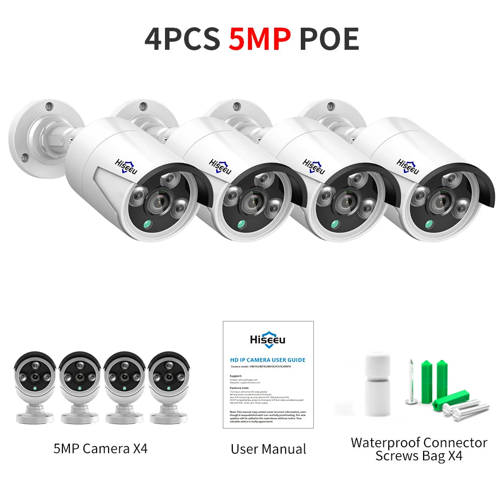 Hiseeu 4MP 5MP POE IP CCTV Camera ONVIF Audio H.265  Video Waterproof Outdoor Wired Surveillance Security Bullet Cameras