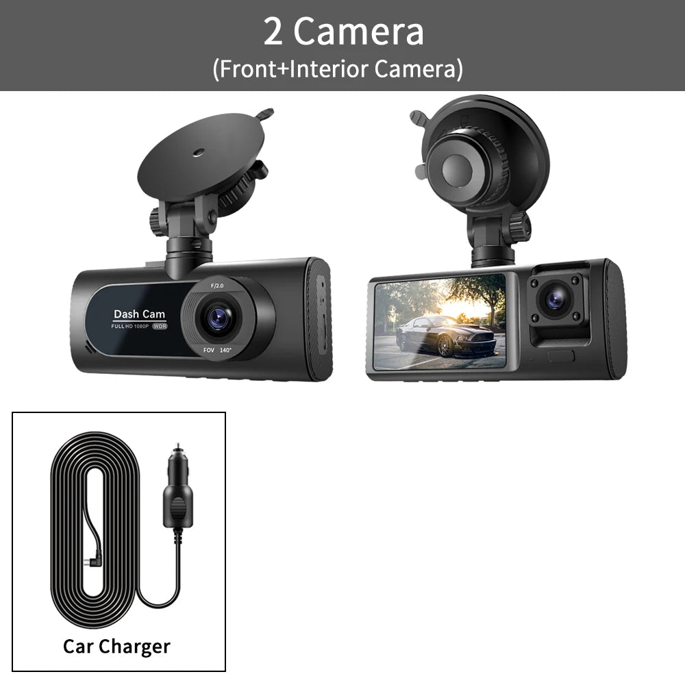 3-Channel Car DVR 1080P Dash Cam with 3-Lens, Night Vision & Parking Monitor