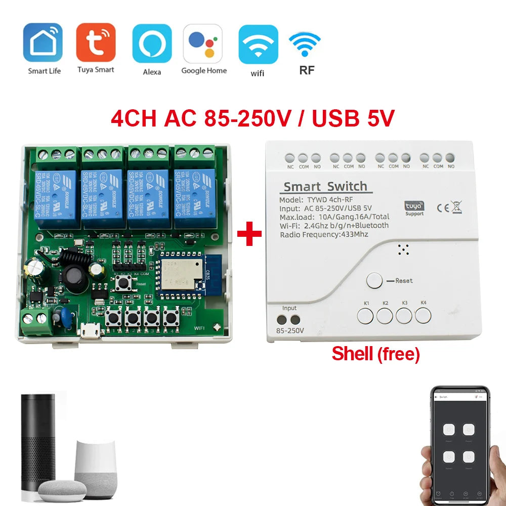 Tuya WiFi AC DC 7-32V 85-250V 12V 24V 220V 1/2/4 Channel Receiver – 10A 16A Relay for Wireless Control