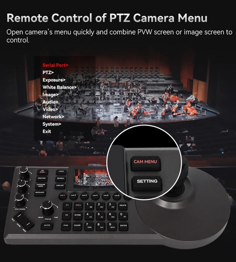 NDI PTZ Camera Joystick Controller POE 3" Preview LCD PTZ Controller Keyboard with 4D Joystick for Broadcast Church Live Streaming