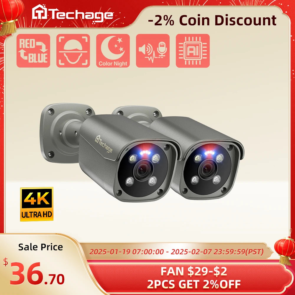 Techage 8MP 4K POE IP Camera – Face Detection, Color Night Vision & Two-Way Audio