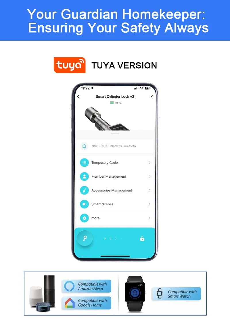 Tuya Fingerprint Cylinder Electronic Smart Door Lock with Digital Keypad, Code, and Key Card