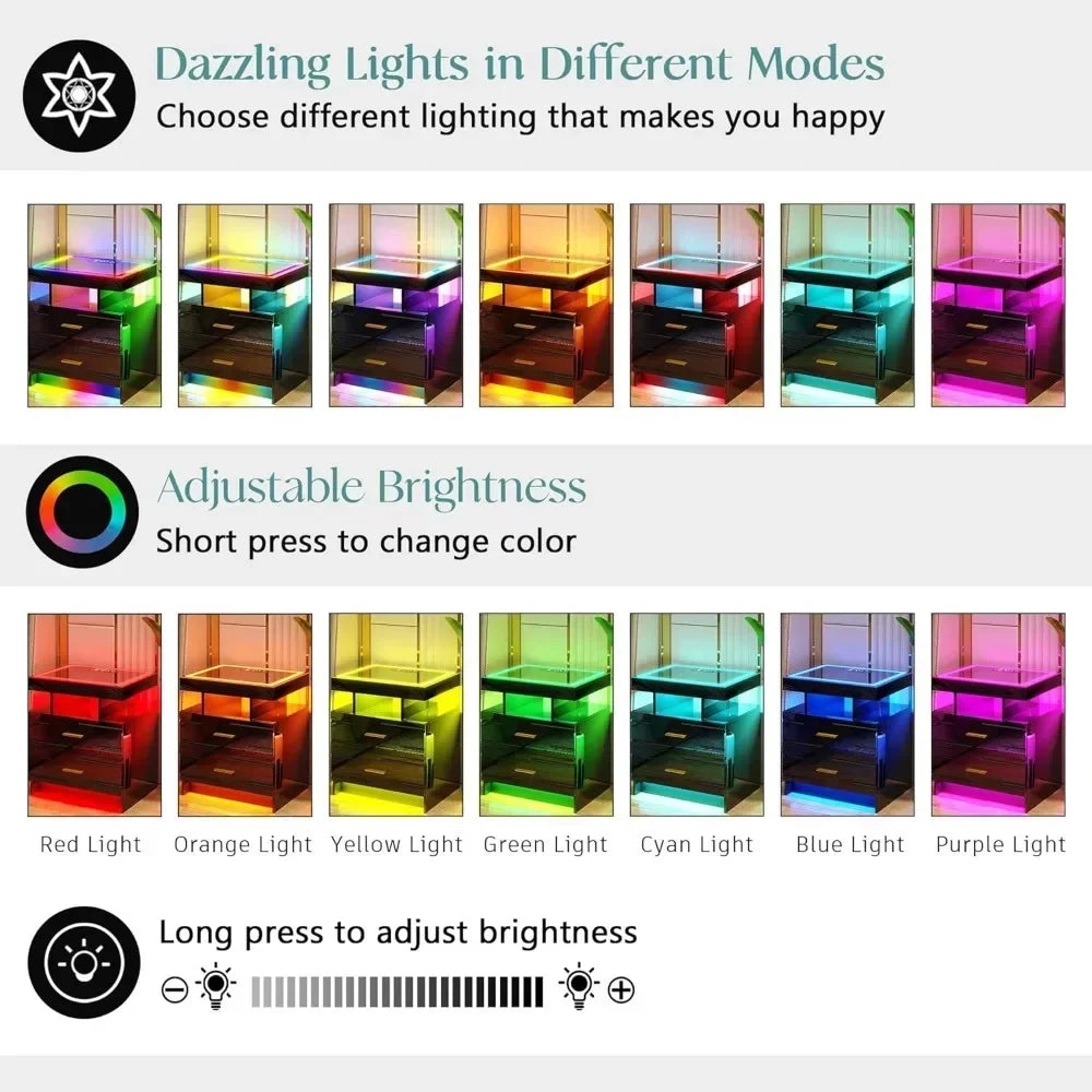 طاولة بجانب السرير مع محطة شحن لاسلكية، طاولة بجانب السرير مزودة بإضاءة LED مع درجين، طاولة بجانب السرير لامعة ذكية مع سطح زجاجي