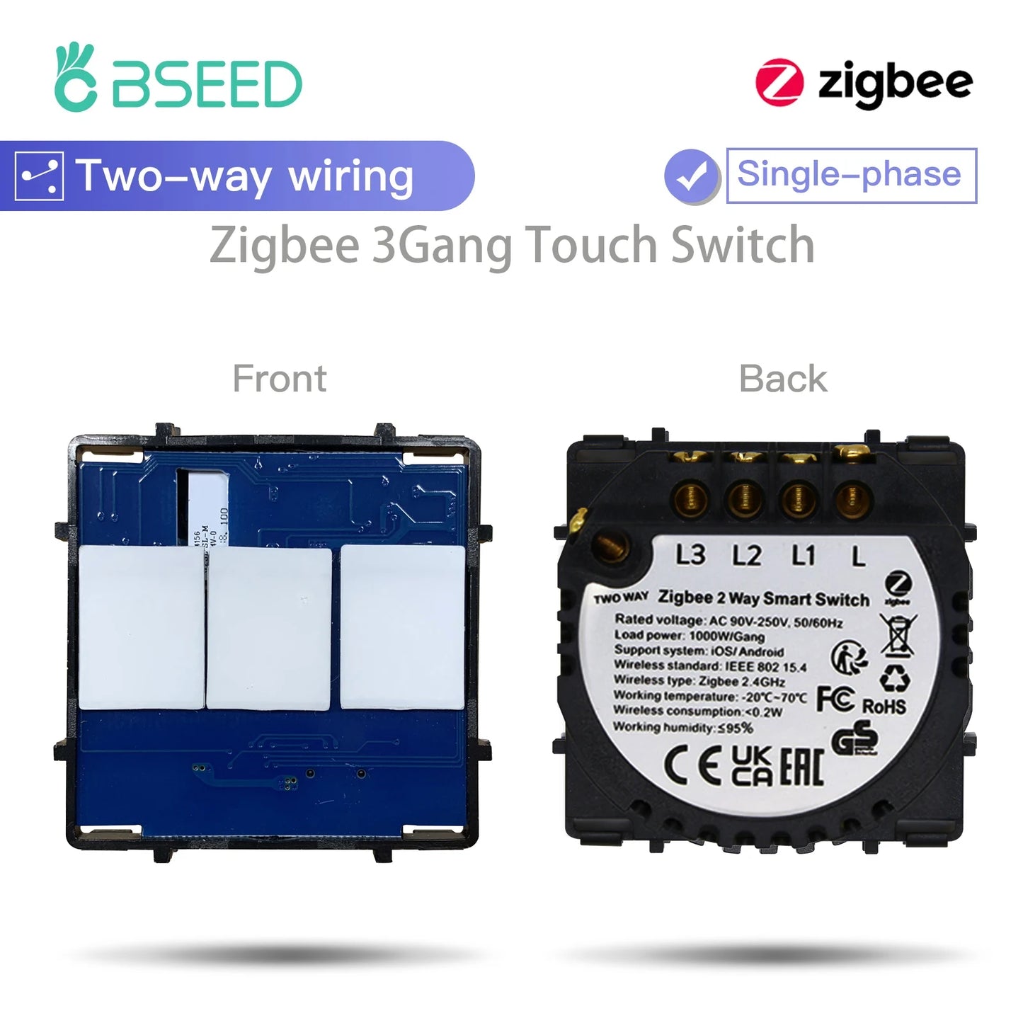 BSEED Zigbee Smart Switch 1/2/3-Gang Touch Light Switch, 2-Way Function, Smart Home Tuya Alexa Control, No Glass Panel