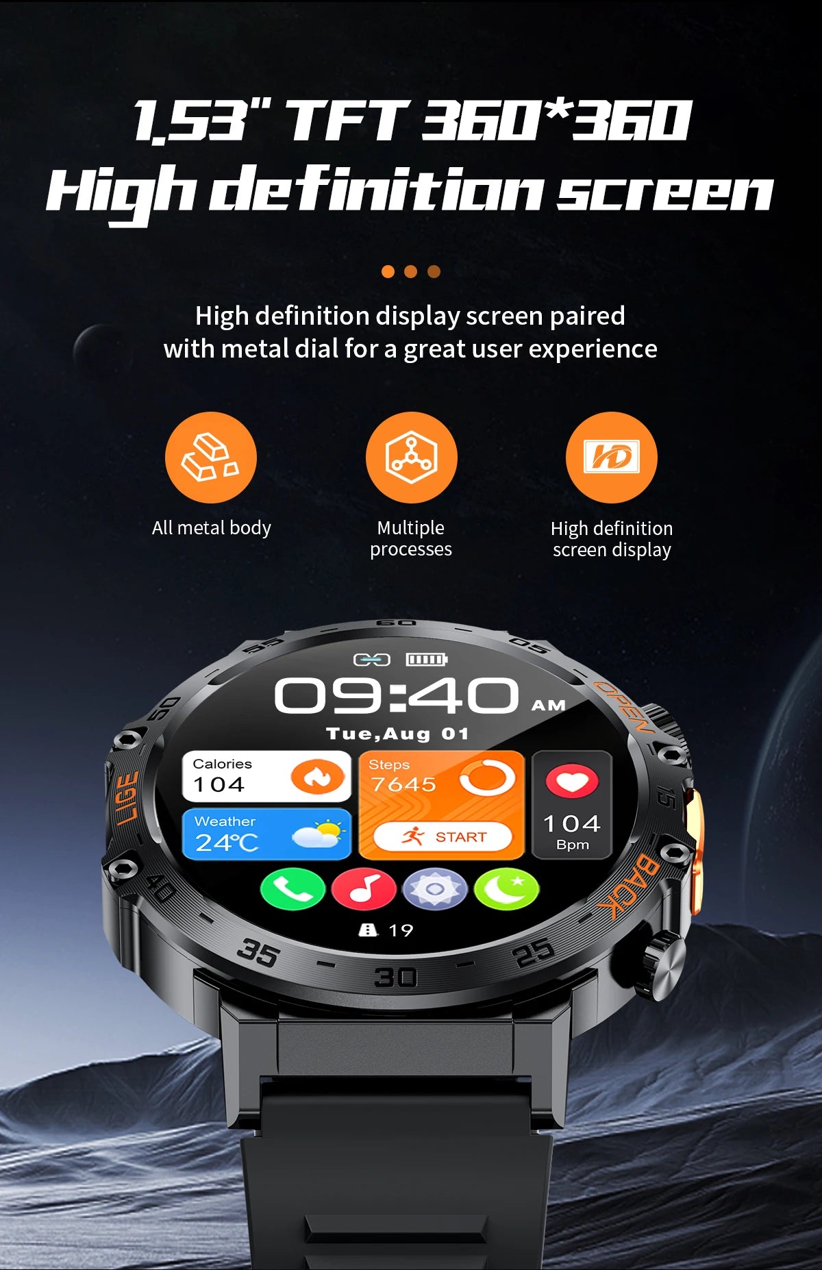 LIGE 2024 Smart Watch for Men – 360° AMOLED HD Screen, Waterproof Fitness Tracker with Flashlight