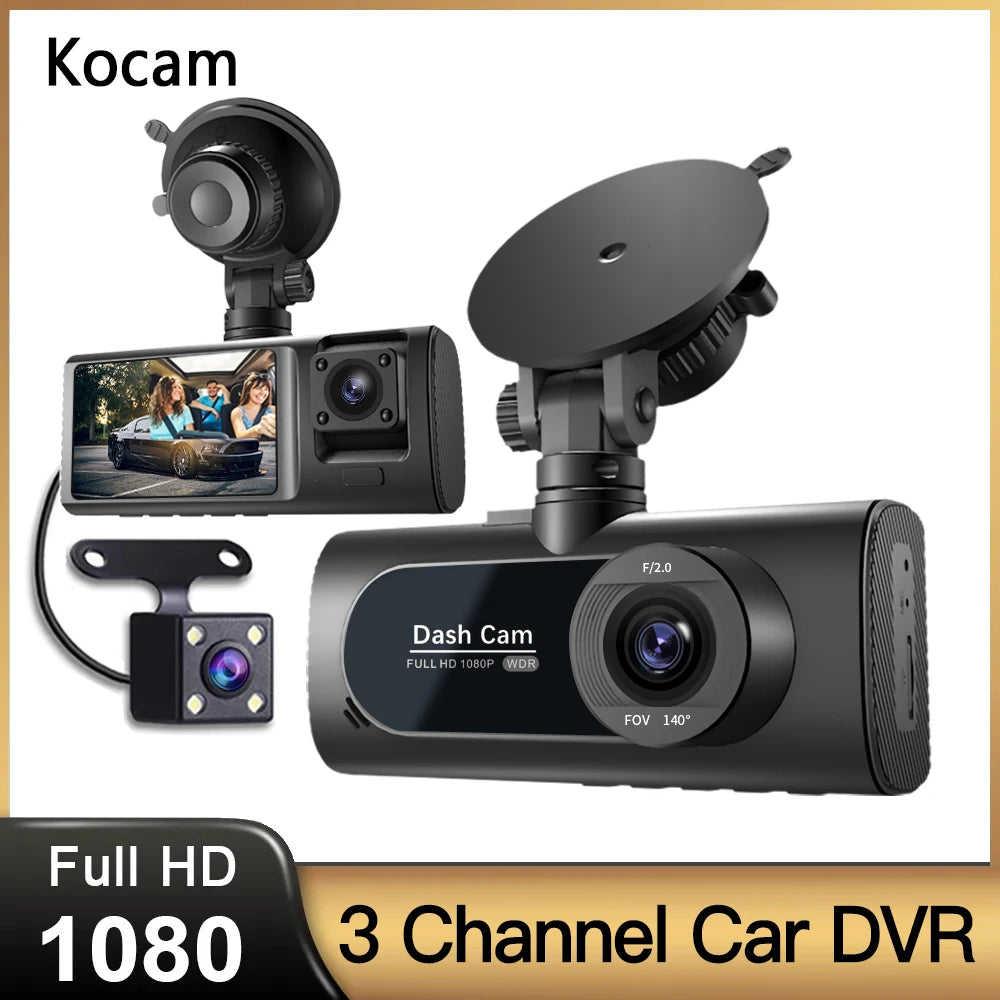 3-Channel Car DVR 1080P Dash Cam with 3-Lens, Night Vision & Parking Monitor