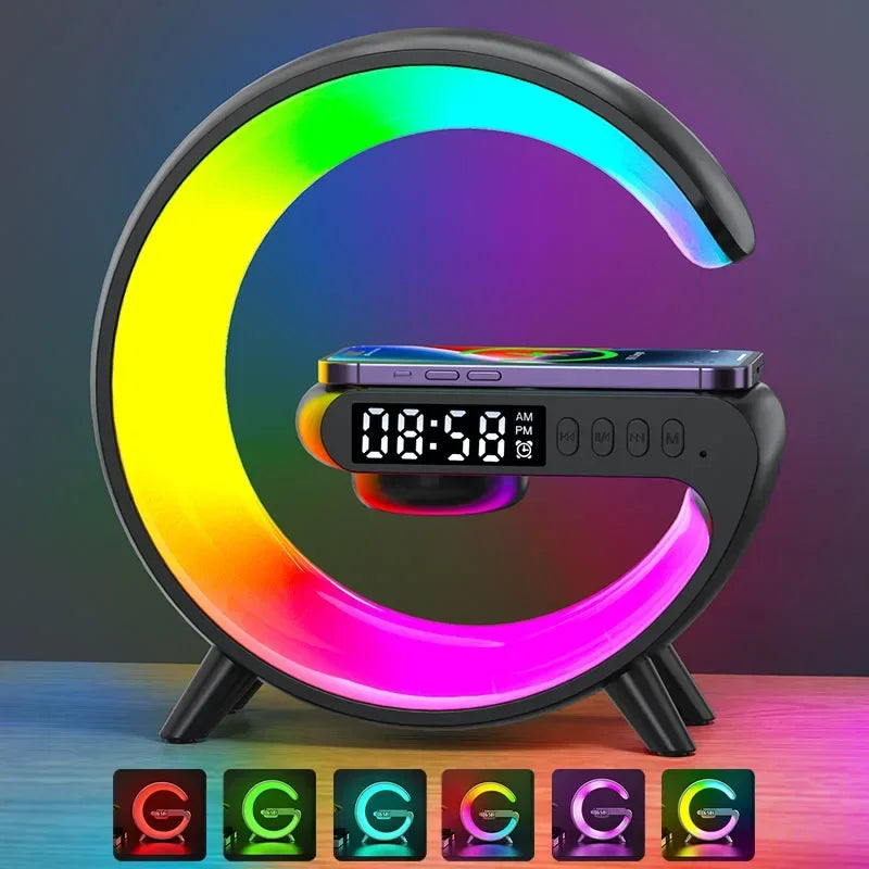 Wireless Charging Station with Bluetooth Speaker, LED RGB Night Light & Alarm Clock