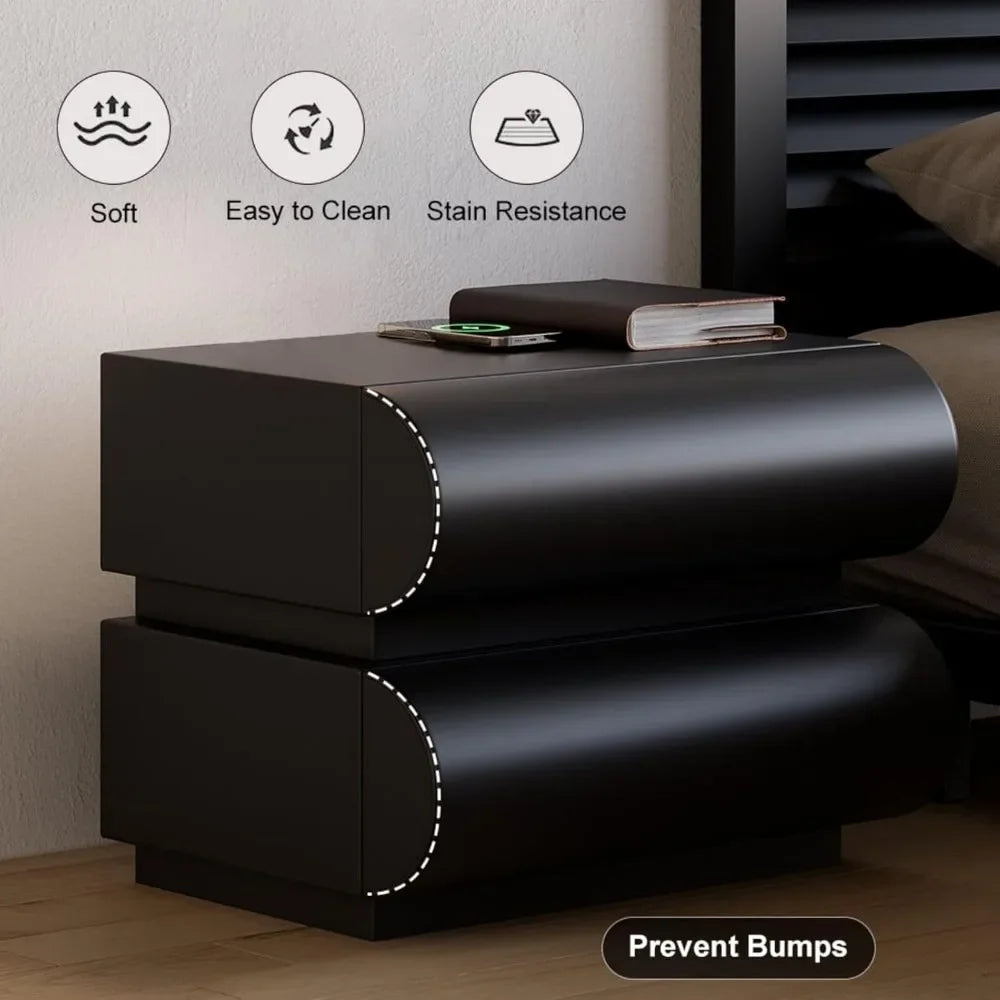 Smart Nightstand with Wireless Charger, Modern Black Leather Bedside Table with 2 Drawers for Bedrooms and Living Rooms