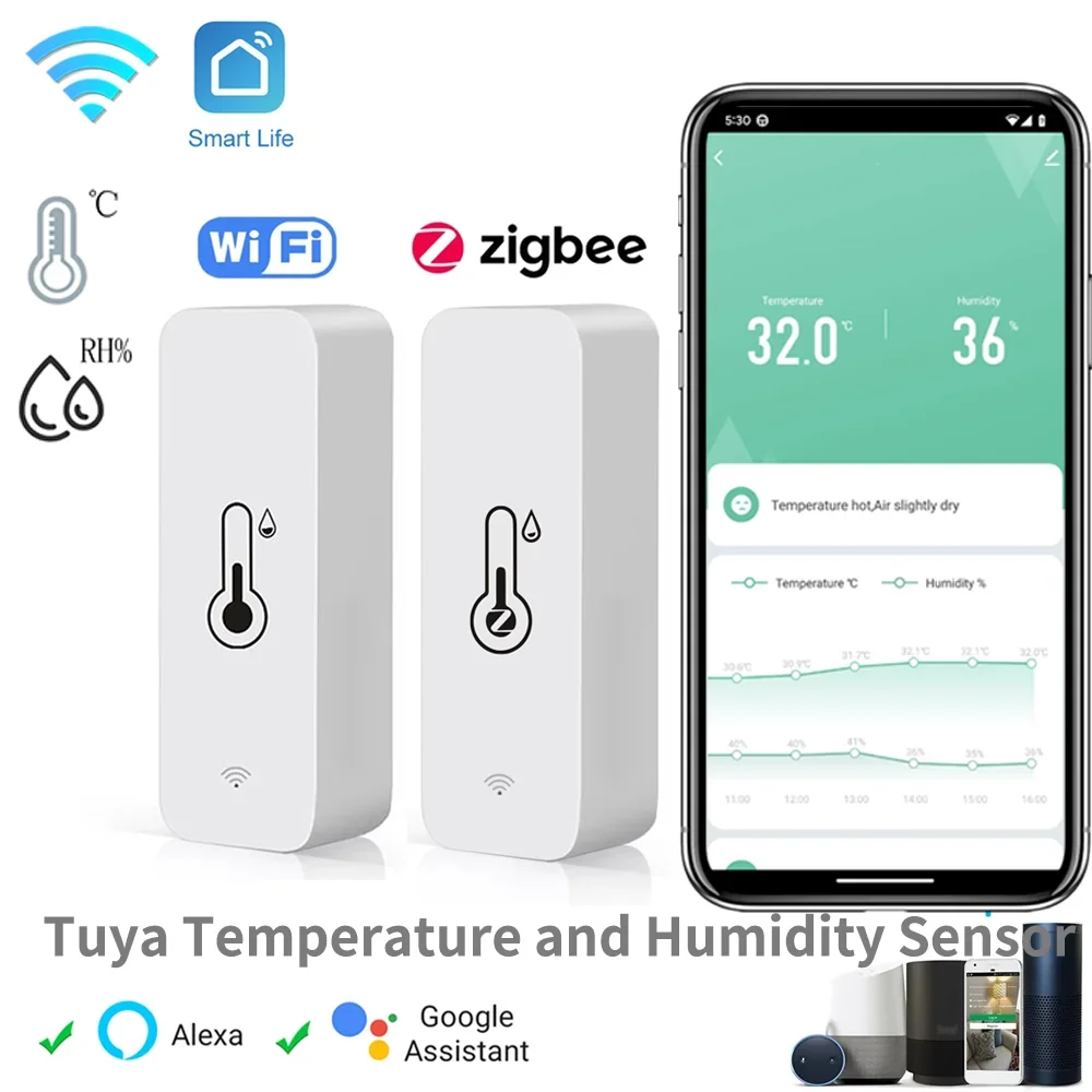 مستشعر درجة الحرارة والرطوبة Tuya ZigBee WiFi - مراقبة عن بعد عبر التطبيق، يعمل مع Alexa وGoogle Assistant