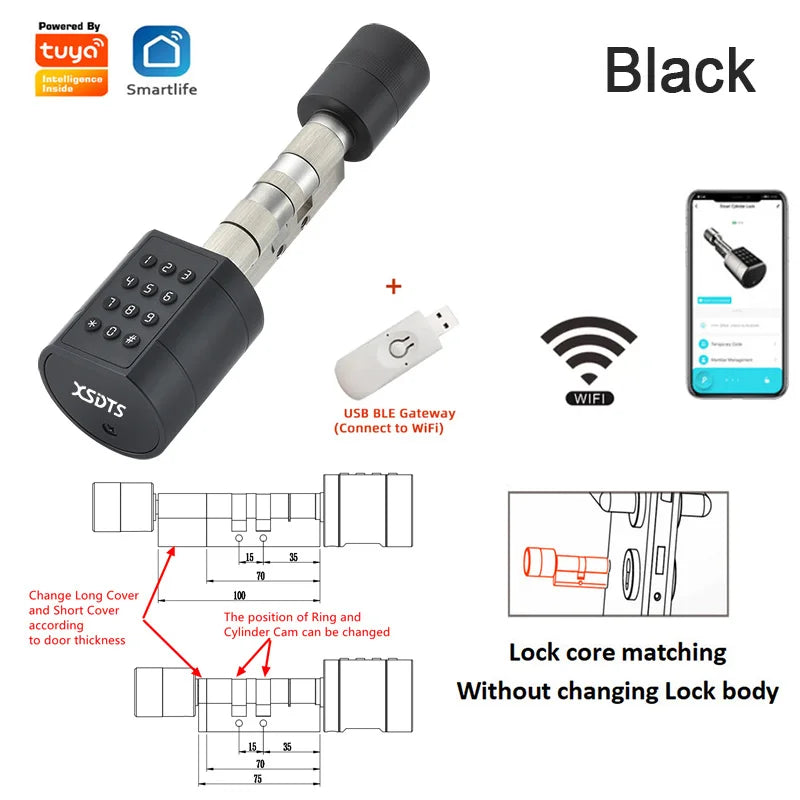 Tuya Fingerprint Cylinder Electronic Smart Door Lock with Digital Keypad, Code, and Key Card