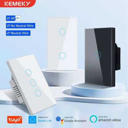 KEMEK Smart WiFi Touch Switch – No Neutral Wire Required, 1/2/3 Gang Light Switch, Compatible with Alexa & Google