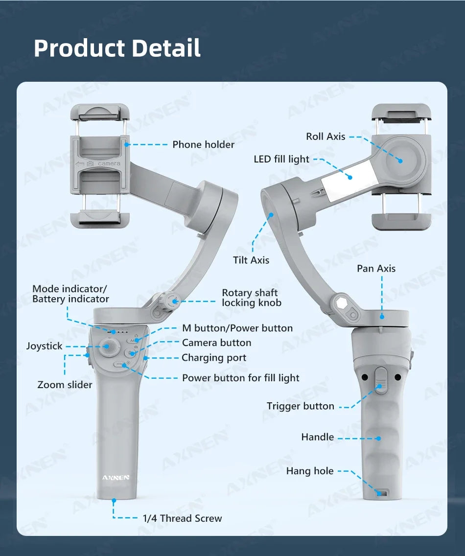 AXNEN Smart 3-Axis Handheld Gimbal Stabilizer for Smartphone with Fill Light for iPhone, Android, Face Tracking, TikTok Vlog Kit