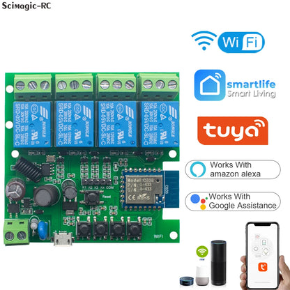 Tuya WiFi AC DC 7-32V 85-250V 12V 24V 220V 1/2/4 Channel Receiver – 10A 16A Relay for Wireless Control