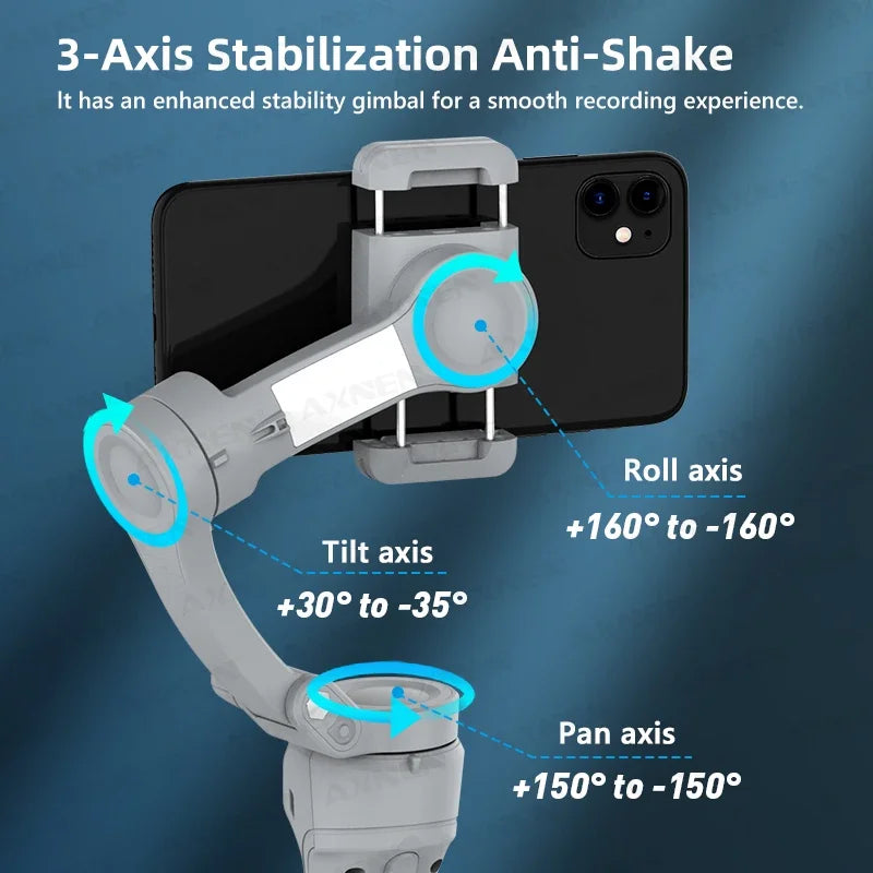 AXNEN Smart 3-Axis Handheld Gimbal Stabilizer for Smartphone with Fill Light for iPhone, Android, Face Tracking, TikTok Vlog Kit