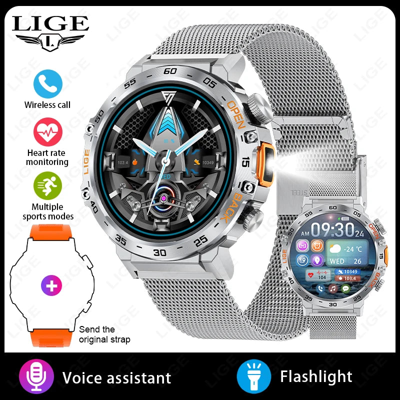 LIGE 2024 Smart Watch for Men – 360° AMOLED HD Screen, Waterproof Fitness Tracker with Flashlight