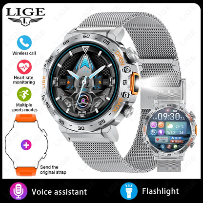 LIGE 2024 Smart Watch for Men – 360° AMOLED HD Screen, Waterproof Fitness Tracker with Flashlight