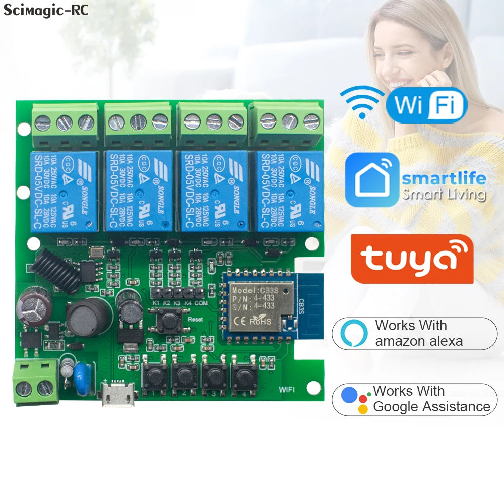 Tuya WiFi AC DC 7-32V 85-250V 12V 24V 220V 1/2/4 Channel Receiver – 10A 16A Relay for Wireless Control