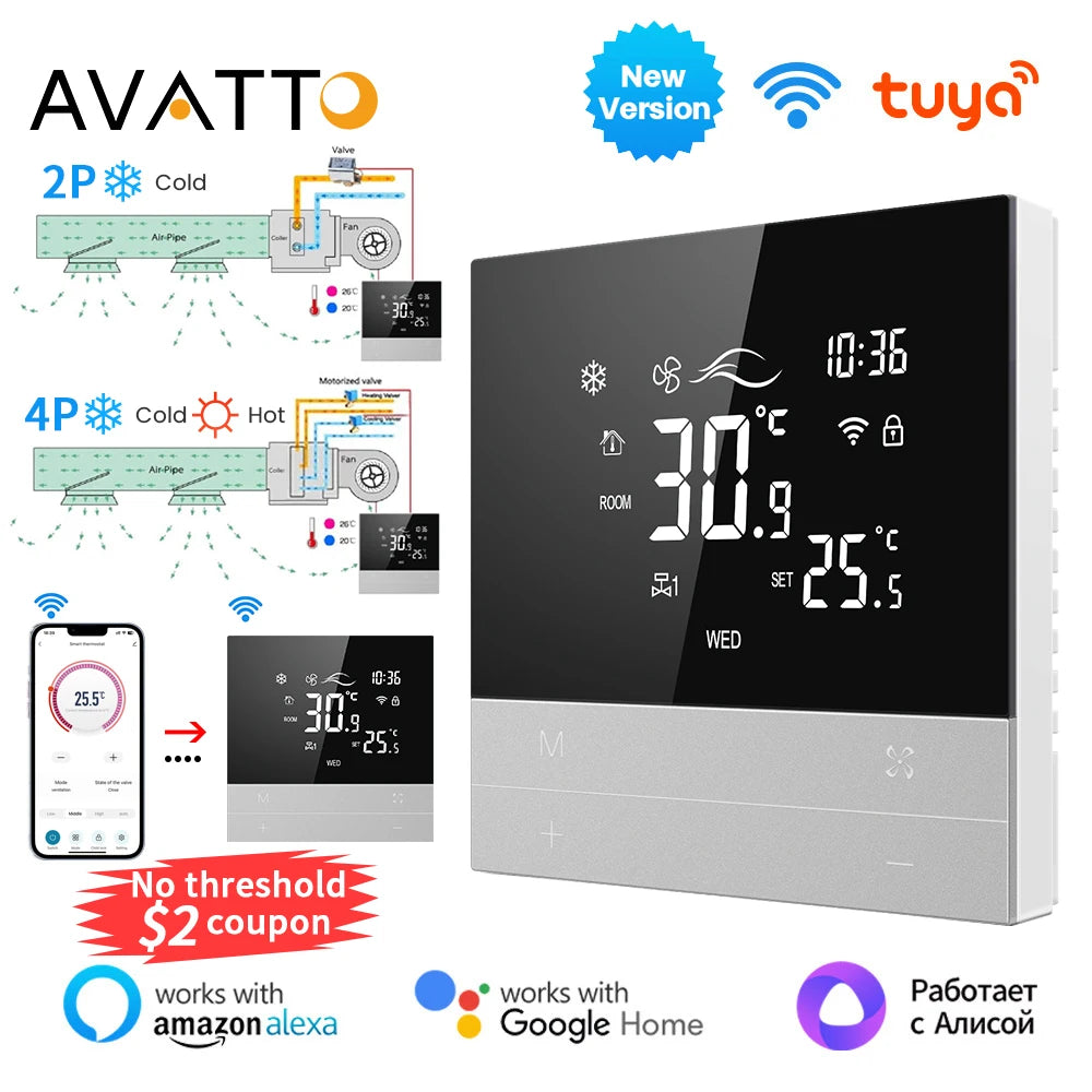 AVATTO Tuya WiFi Smart Thermostat for Central Air Conditioning & Fan Coil Unit – Heating, Cooling, 3-Speed, Works with Alexa & Google Home