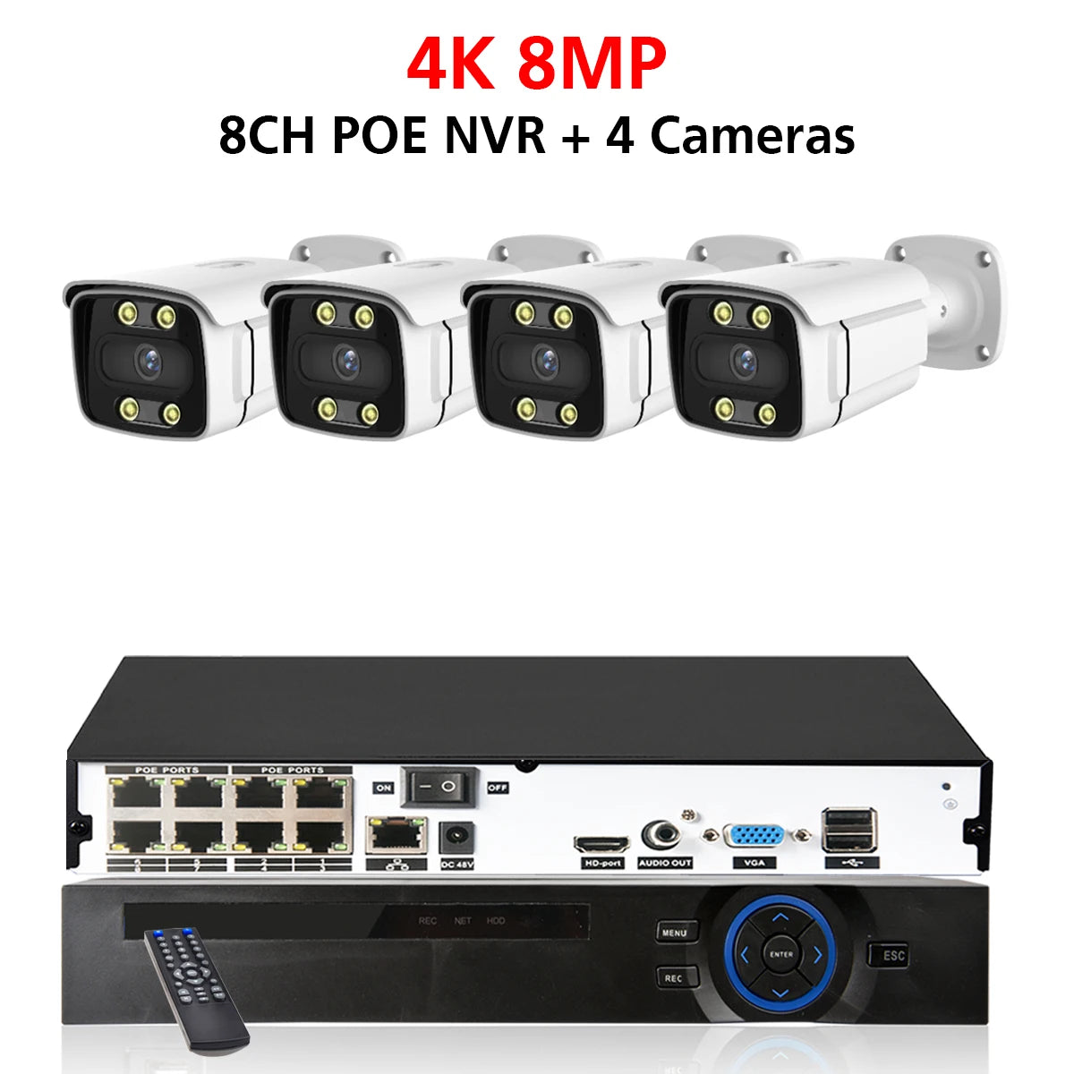 8CH POE NVR 4K Security Camera System 8MP Face Detect Color Night Vision IP Camera POE 2K Two Way Audio Video Surveillance Set