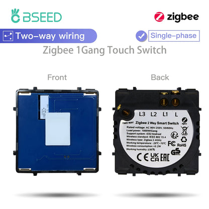 BSEED Zigbee Smart Switch 1/2/3-Gang Touch Light Switch, 2-Way Function, Smart Home Tuya Alexa Control, No Glass Panel