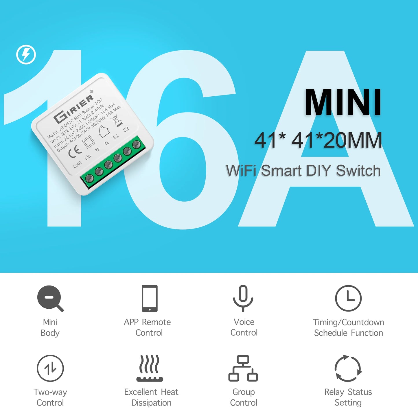 16A Mini Wi-Fi Smart Switch | DIY 2-Way Control, Alexa & Google Assistant Compatible