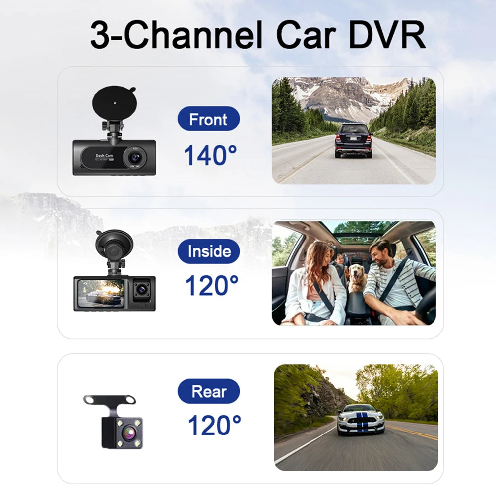 3-Channel Car DVR 1080P Dash Cam with 3-Lens, Night Vision & Parking Monitor