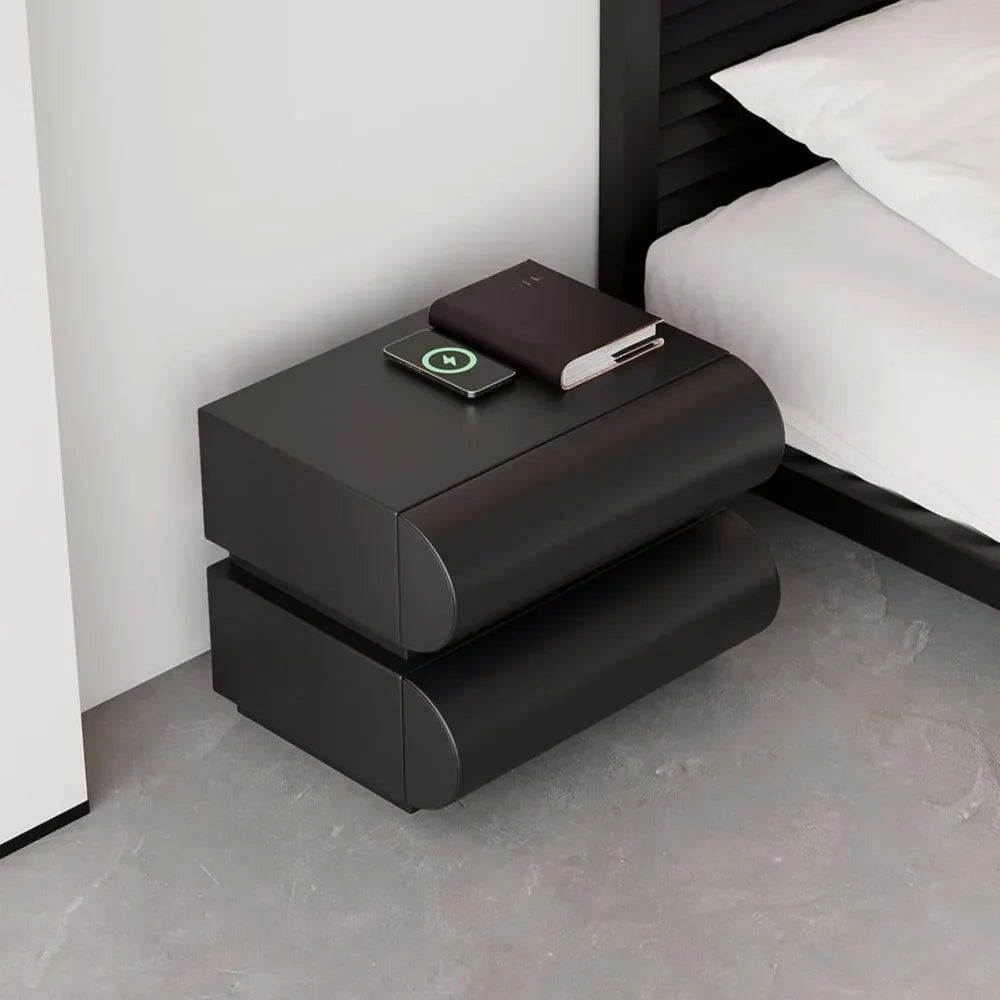 Smart Nightstand with Wireless Charger, Modern Black Leather Bedside Table with 2 Drawers for Bedrooms and Living Rooms