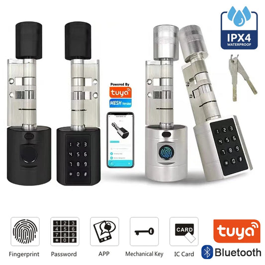 Tuya Fingerprint Cylinder Electronic Smart Door Lock with Digital Keypad, Code, and Key Card